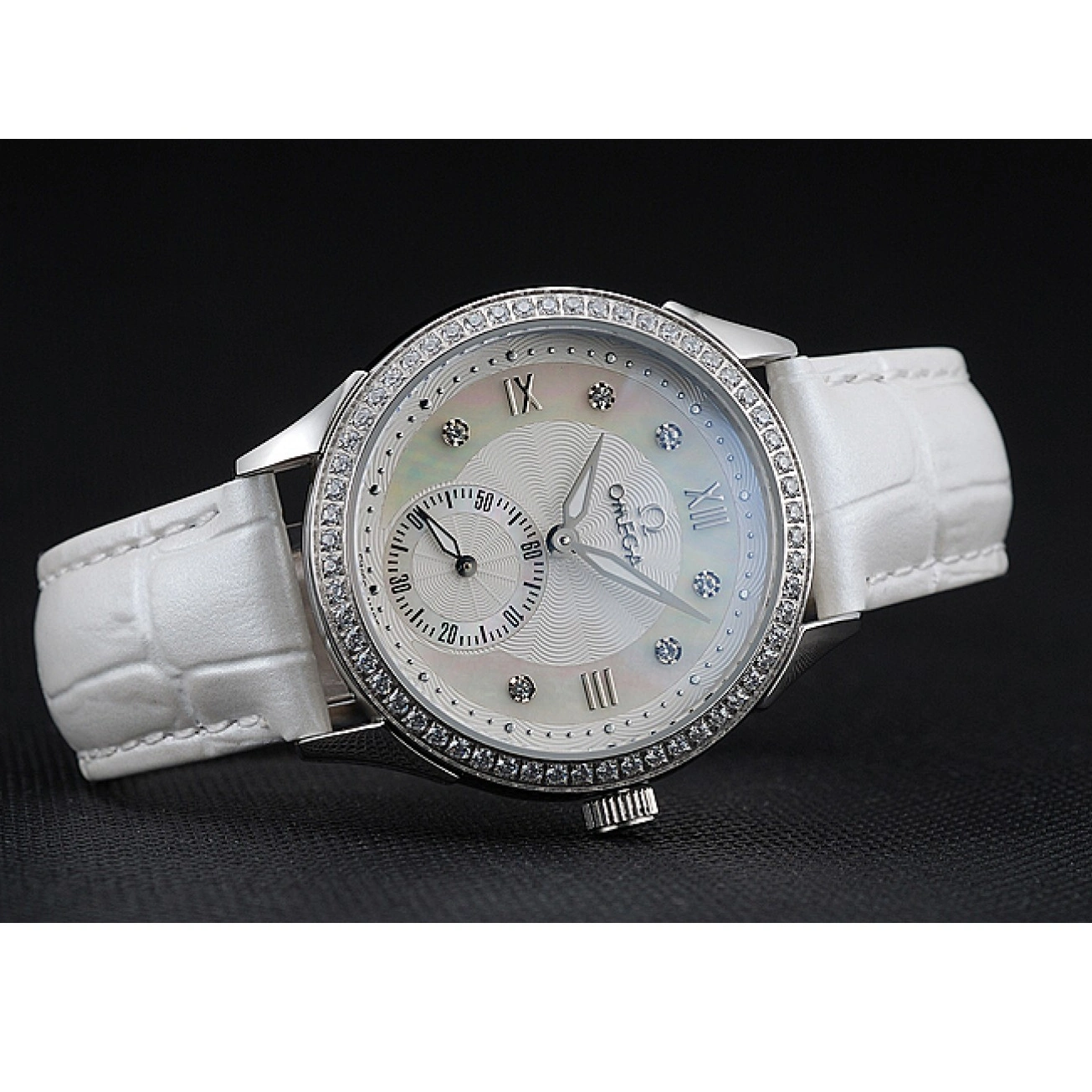 1013 Omega DeVille Prestige White Dial Silver Diamond Case White Leather Bracelet 1454119
